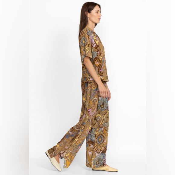 JOHNNY WAS Brooklyn Paisley Silk Set XL yellow purple pajama pants short sleeve - Picture 3 of 16